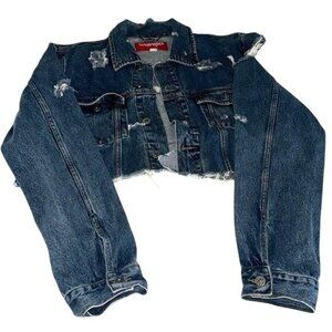 Vintage Wrangler Hero Distressed Cropped Denim Jacket With Raw Hem & Ripped Deta